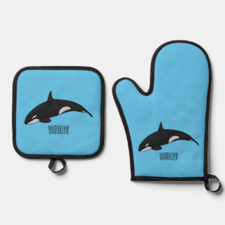 Killer whale cartoon illustration oven mitt & pot holder set