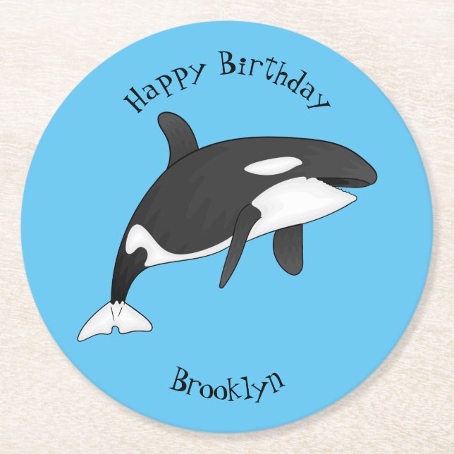 Killer whale cartoon illustration round paper coaster (Front)