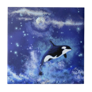Killer Whale on Blue Full Moon Ceramic Tile