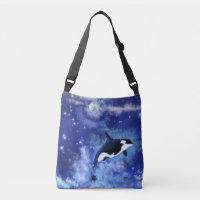 Killer Whale on Full Moon - Art Drawing Blue
