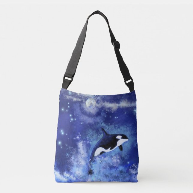 Killer Whale on Full Moon - Art Drawing Blue Crossbody Bag (Front)