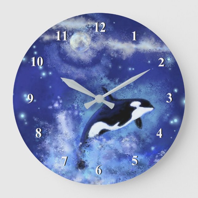 Killer Whale on Full Moon - Art Drawing Blue Large Clock (Front)