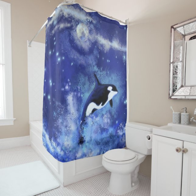 Killer Whale on Full Moon - Art Drawing - Blue Shower Curtain (In Situ)