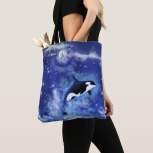 Killer Whale on Full Moon - Art Drawing - Blue Tote Bag