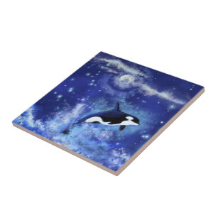 Killer Whale Swimming on Full Moon - Art Drawing Tile