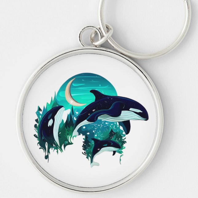  Killer Whales Cool Blue Nature Illustration Key Ring (Front)
