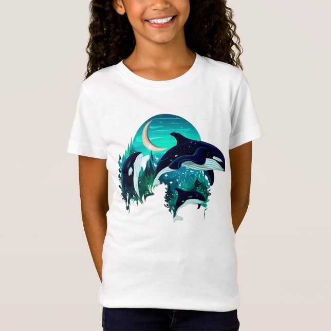  Killer Whales Cool Blue Nature Illustration T-Shirt (Front)