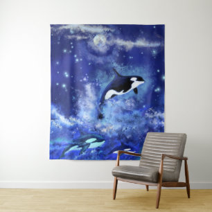 Killer Whales on Blue Full Moon Tapestry Painting