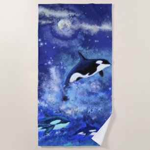 Killer Whales on Full Moon - Art Drawing Beach Towel
