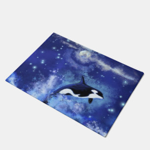 Killer Whales on Full Moon - Art Drawing - Blue Doormat