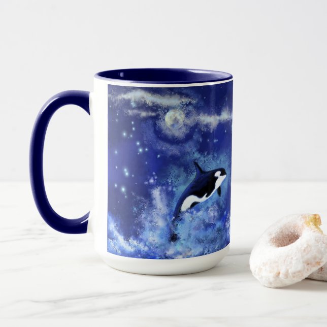 Killer Whales on Full Moon - Art Drawing Blue Mug (With Donut)