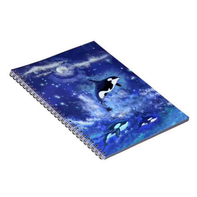 Killer Whales on Full Moon - Art Drawing - Blue Notebook (Right Side)
