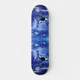 Killer Whales on Full Moon - Art Drawing - Blue Skateboard