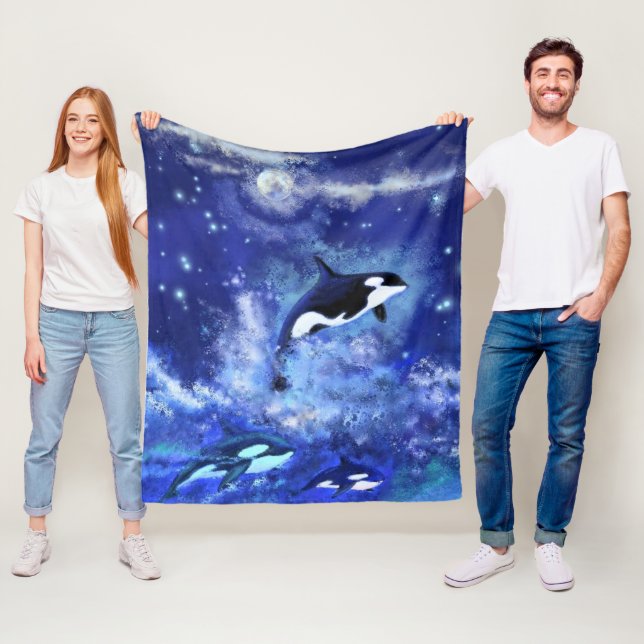 Killer Whales on Full Moon - Art Drawing Fleece Blanket (In Situ)