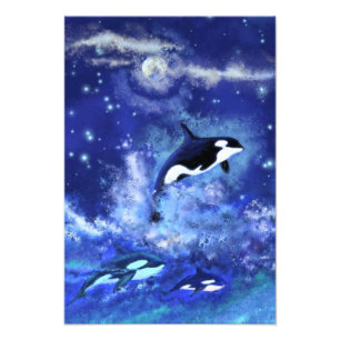 Killer Whales on Full Moon - Art Drawing Photo Print