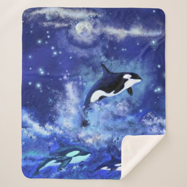 Killer Whales on Full Moon - Art Drawing Sherpa Blanket (Front)
