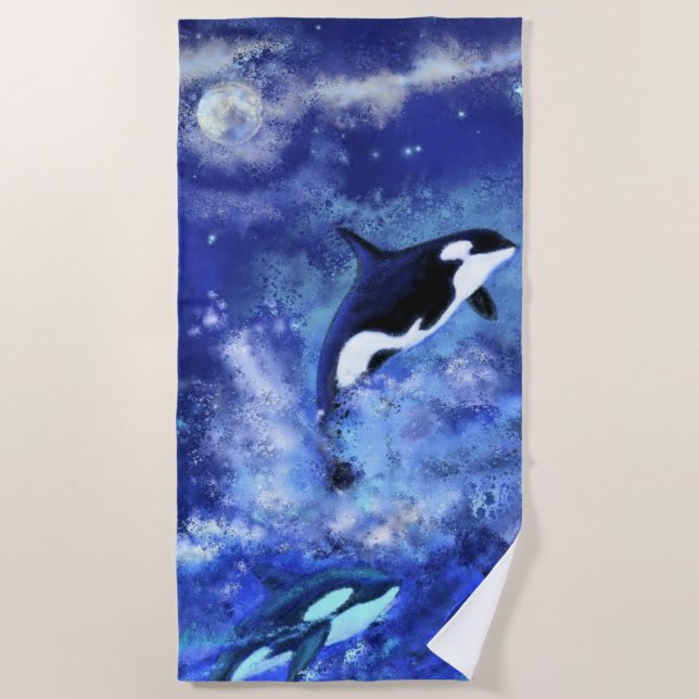 Killer Whales on Full Moon Blue Beach Towel (Front)