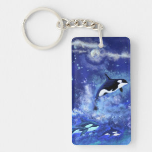 Killer Whales on Full Moon Blue Keychain