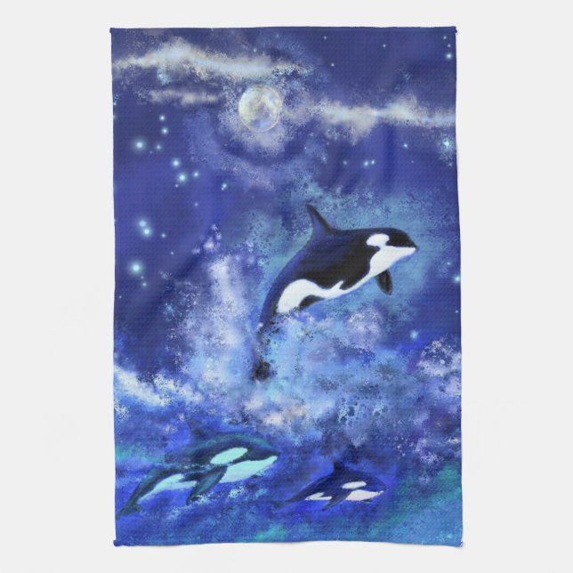 Killer Whales on Full Moon Blue Kitchen Towel (Vertical)