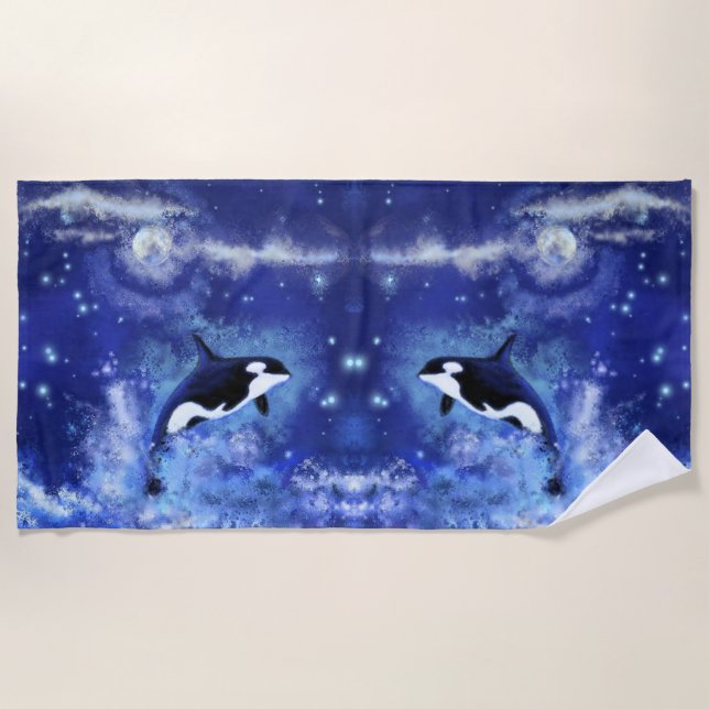 Killer Whales on Full Moon - MIrror - Art Drawing Beach Towel (Front)