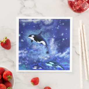 Killer Whales on Full Moon Napkins Blue Night