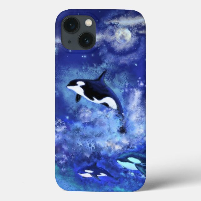 Killer Whales on Full Moon Painting Blue Case-Mate iPhone Case (Back)