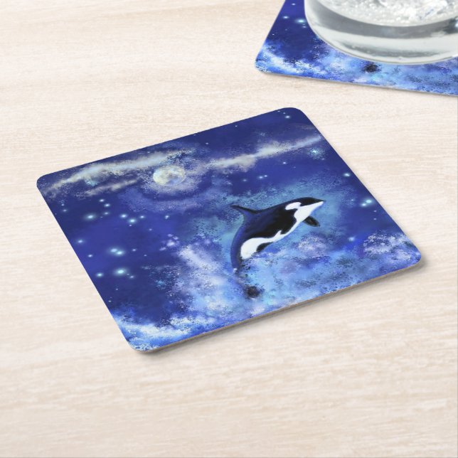 Killer Whales Paper Coaster Blue Full Moon Night (Angled)