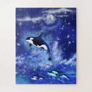 Killer Whales Swimming on Full Moon Jigsaw Puzzle