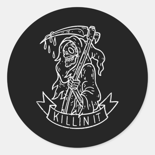 Killin It, Funny Grim Reaper Distressed Tattoo Art Classic Round Sticker (Front)