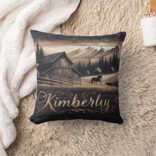 Kimberly Barn Surrounded by Horses and Mountains Cushion
