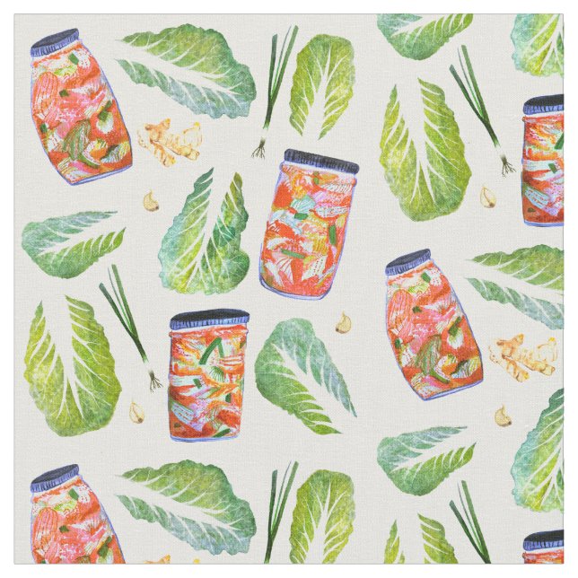 Kimchi Ingredients Watercolor Pattern White Fabric (Close Up)