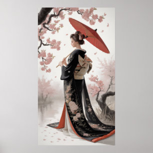 Kimono and Cherry Blossoms Poster
