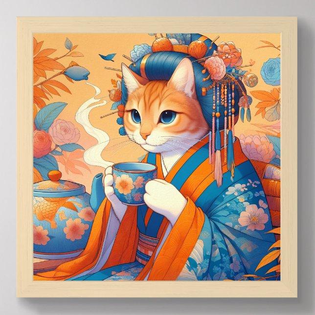 Kimono Cat Geisha Having Tea Japanese Orange Blue Poster (Creator Uploaded)