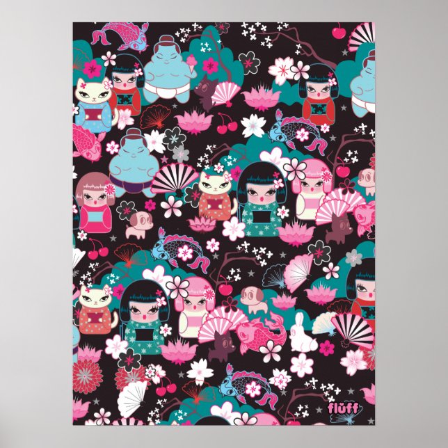 Kimono Cuties Kawaii Poster by Fluff (Front)