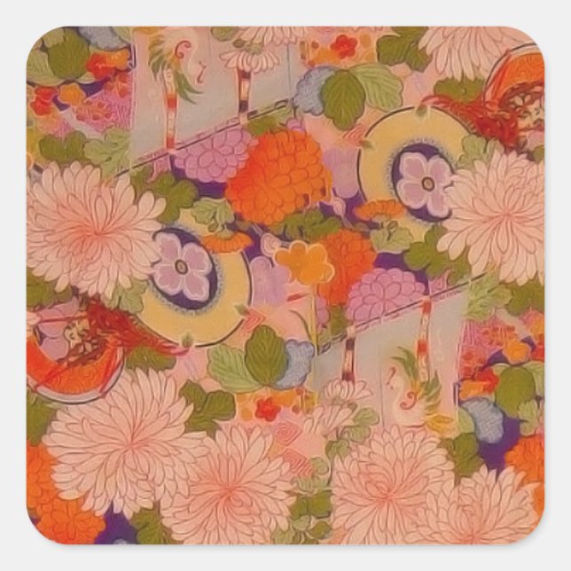 Kimono Flower Pink Floral Pattern Square Sticker (Front)