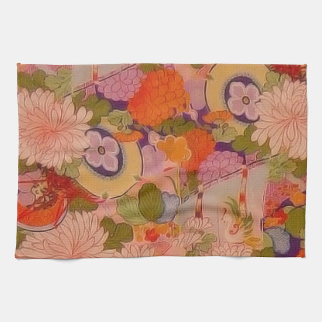 Kimono Flower Pink Floral Pattern Tea Towel (Horizontal)