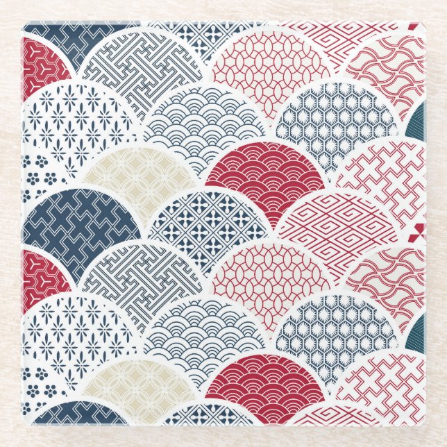 Kimono Line Art: Traditional Geometric Pattern Glass Coaster (Front)