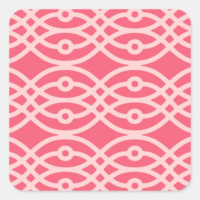 Kimono print, deep coral pink square sticker (Front)