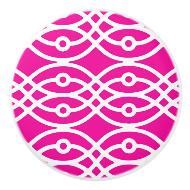 Kimono print, fuchsia pink and white ceramic knob (Front)
