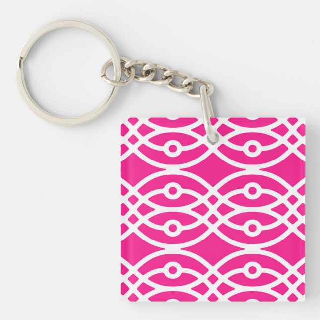 Kimono print, fuchsia pink and white key ring (Front)