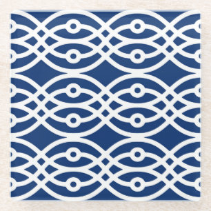 Kimono print, navy blue and white glass coaster