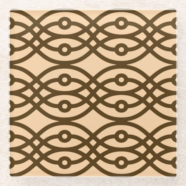 Kimono print, peach and chocolate glass coaster (Front)