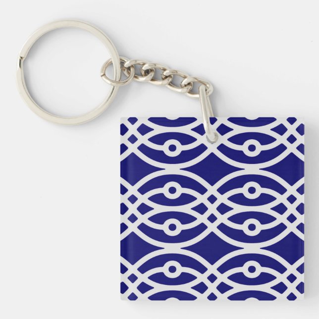 Kimono print, silver grey and navy blue key ring (Front)