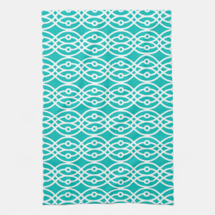 Kimono print, turquoise and white tea towel