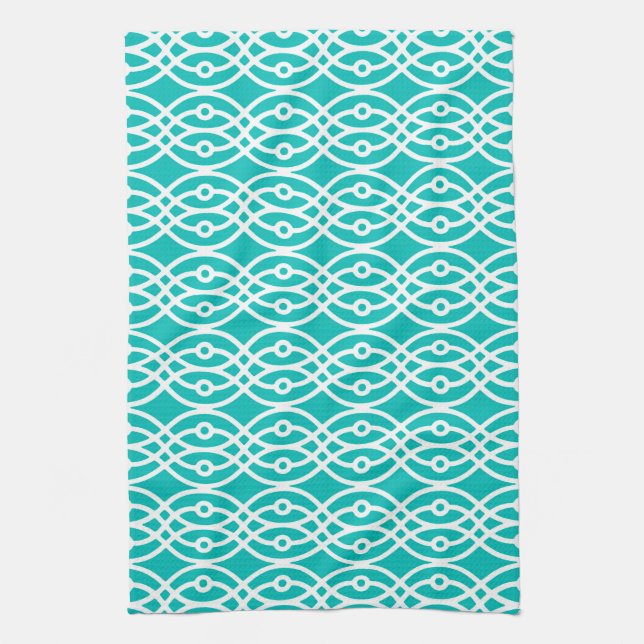 Kimono print, turquoise and white tea towel (Vertical)