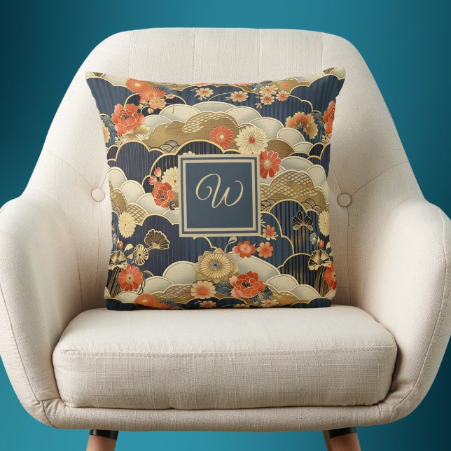 Kimono Style Floral Japanese Print with Monogram Cushion (Creator Uploaded)