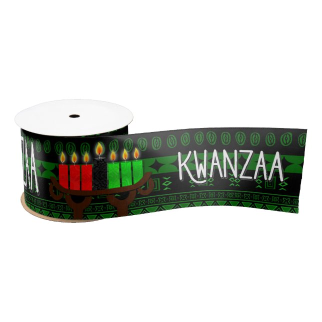 Kinara and Green with Black Tribal Print Kwanzaa Satin Ribbon (Spool)