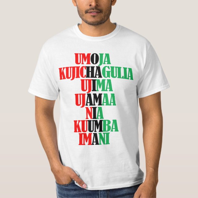 Kinara Colours Text Seven Principles of Kwanzaa Sw T-Shirt (Front)