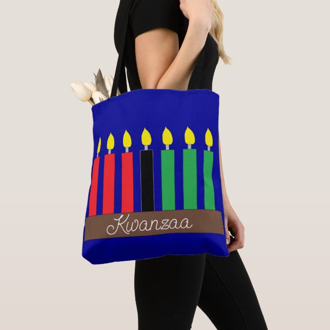Kinara for Kwanzaa: Dark Blue Tote Bag (Close Up)