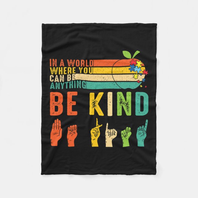 Kind Asl Sign Language Hand Autism Awareness Kindn Fleece Blanket (Front)